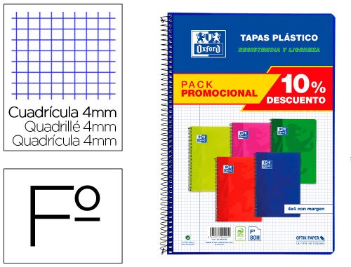 Caderno espiral oxford capa plastico folio 80 folhas quadricula 4 mm pack 4+1 unidades cores vivas , Oxford , 154778 , 8412771020279
